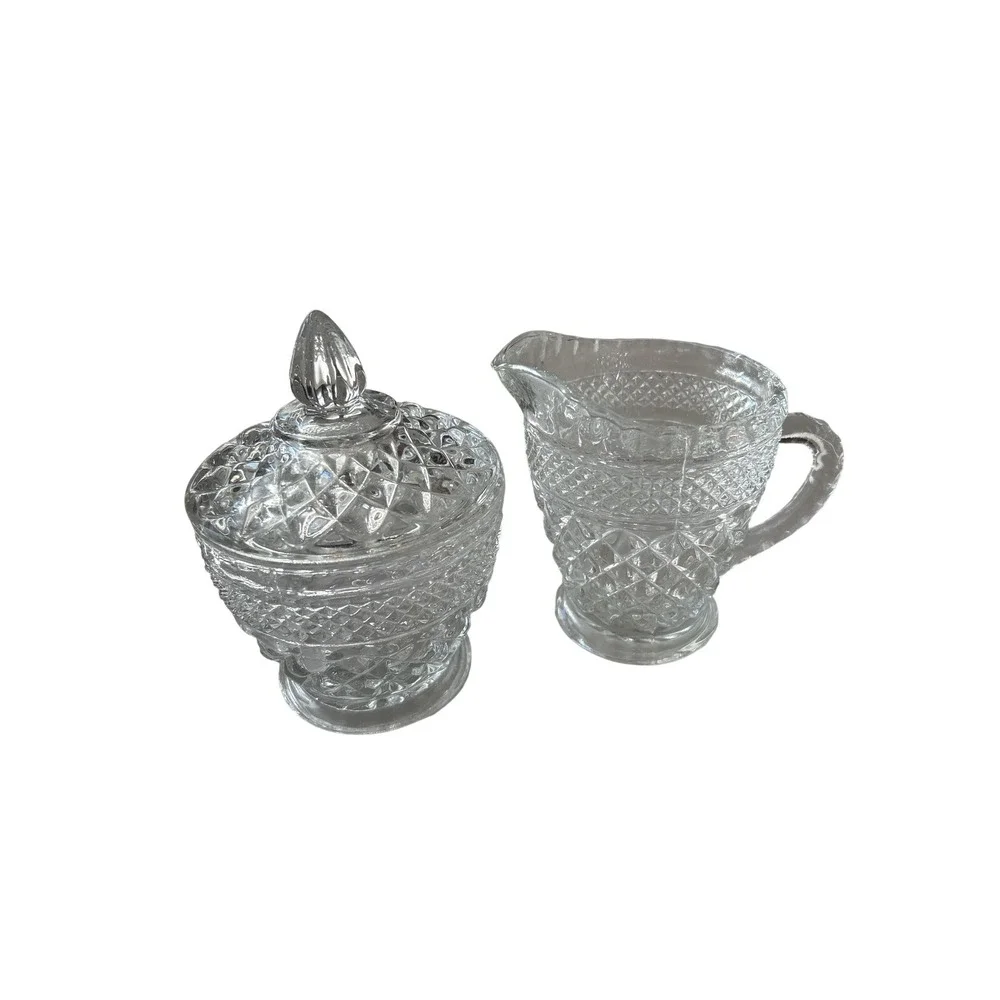Vintage Crystal Glass Sugar Bowl with Lid and Creamer Pitcher Set Wexford